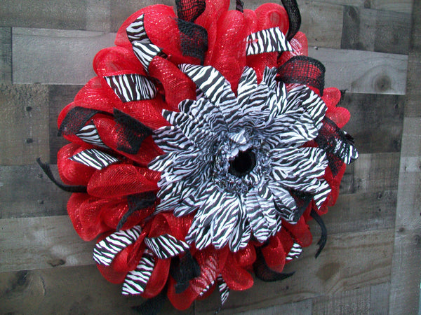Red and Black Deco Mesh Wreath with Zebra Silk Flower