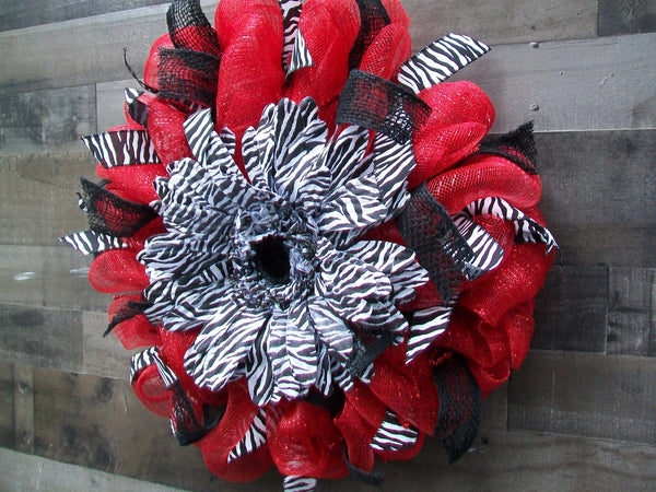 Red and Black Deco Mesh Wreath with Zebra Silk Flower