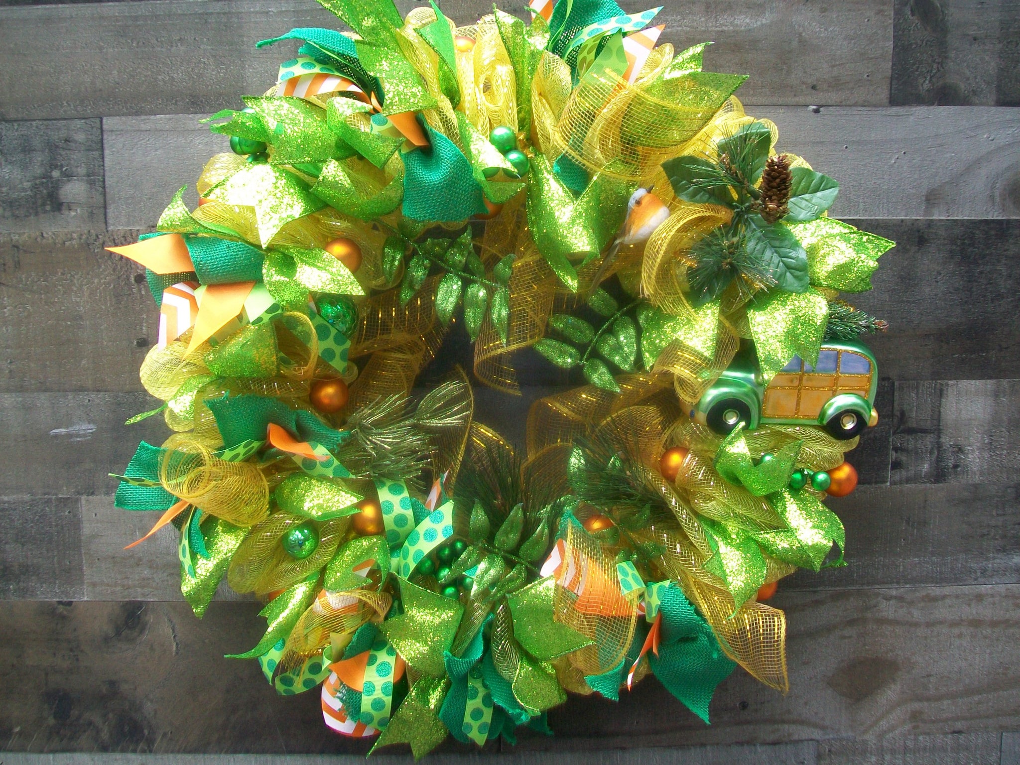 Gold Green Orange Christmas Mesh Front Door Wreath