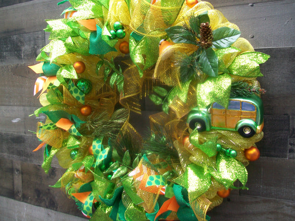 Gold Green Orange Christmas Mesh Front Door Wreath
