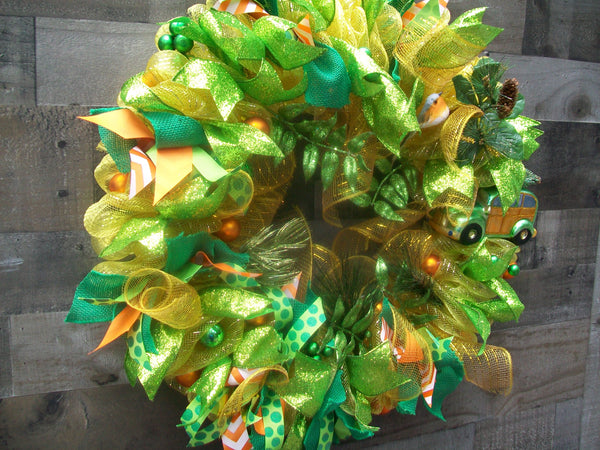 Gold Green Orange Christmas Mesh Front Door Wreath