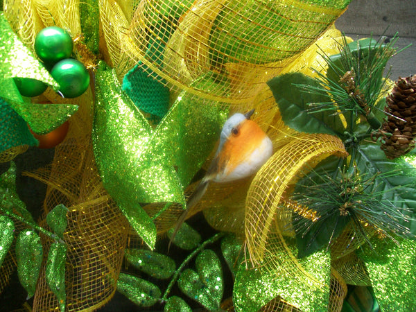 Gold Green Orange Christmas Mesh Front Door Wreath