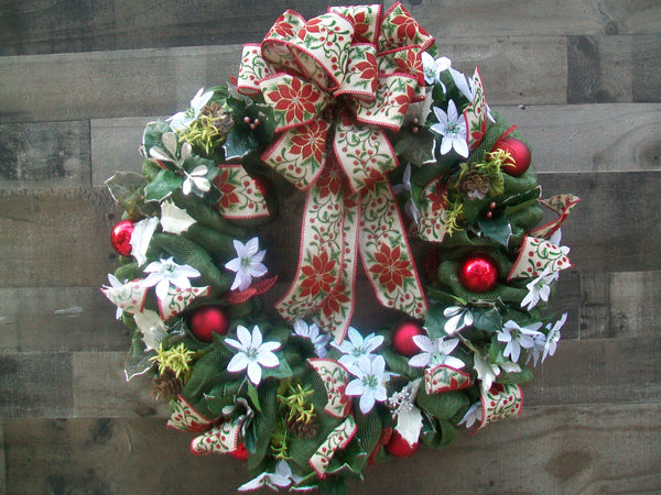 Christmas Olive Red White Poinsettia Mesh Wreath