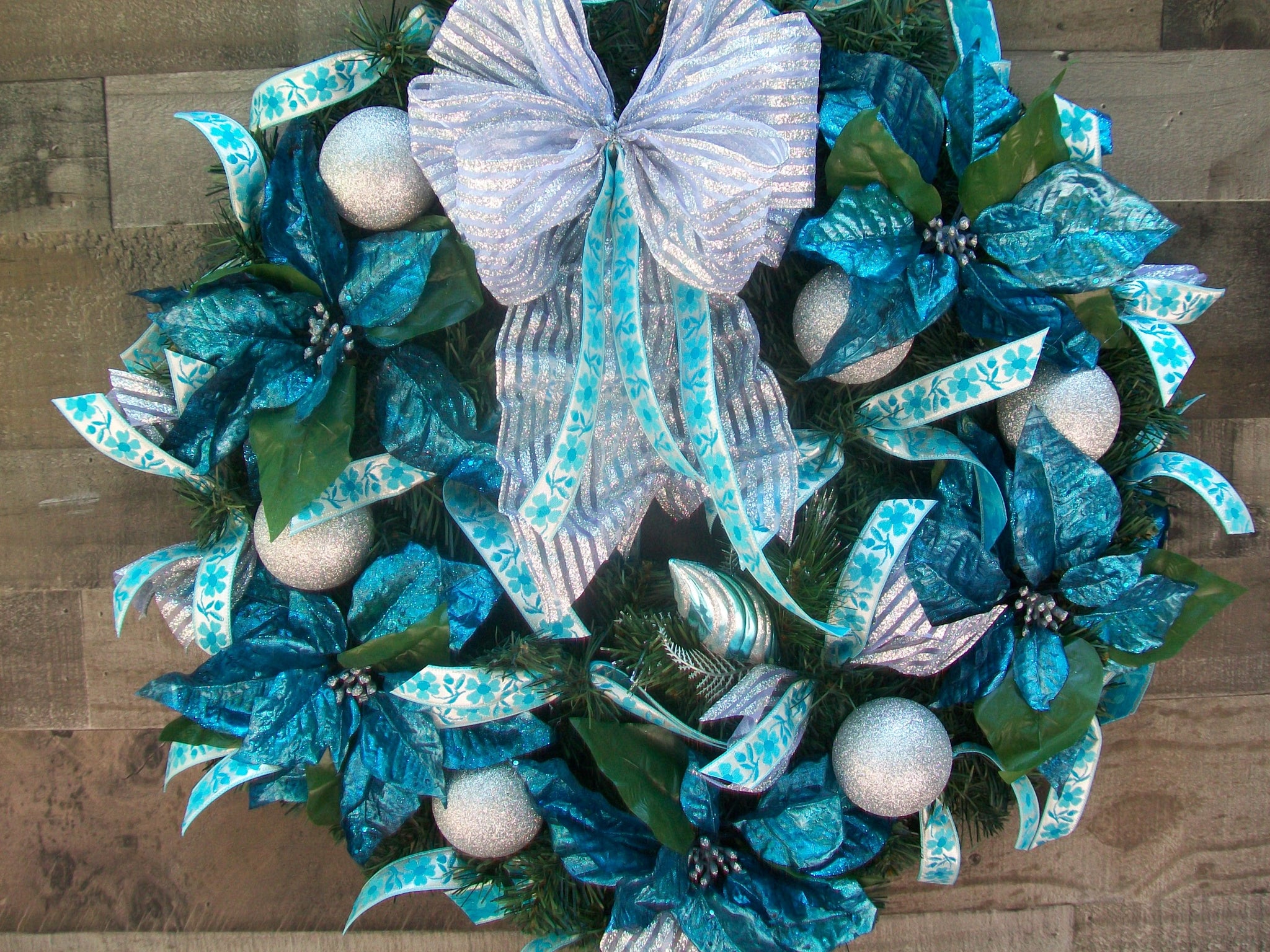 Christmas Pine Front Door Wreath Turquoise Poinsettias Silver Balls
