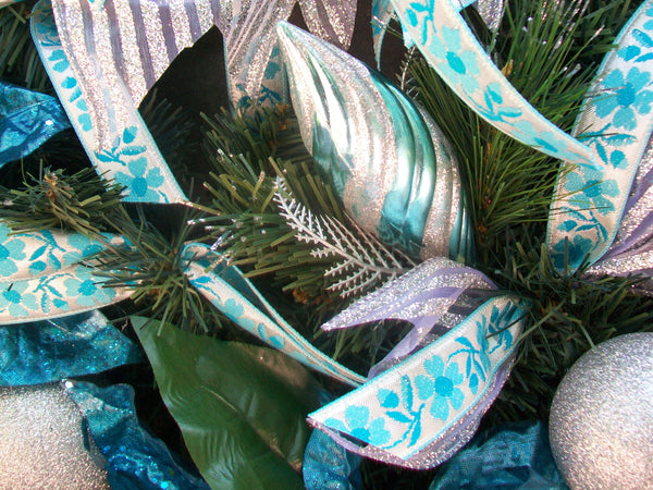 Christmas Pine Front Door Wreath Turquoise Poinsettias Silver Balls