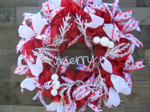 Christmas Red White Star Holiday Mesh Front Door Wreath