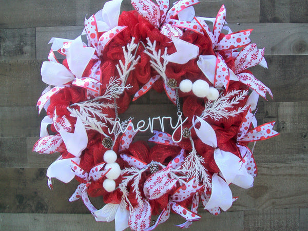 Christmas Red White Star Holiday Mesh Front Door Wreath