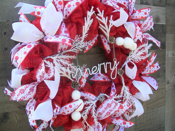 Christmas Red White Star Holiday Mesh Front Door Wreath