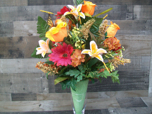 Orange Red Multicolor Cemetery Cone Floral Arrangment For Gravesite