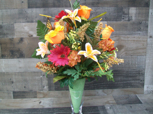 Orange Red Multicolor Cemetery Cone Floral Arrangment For Gravesite