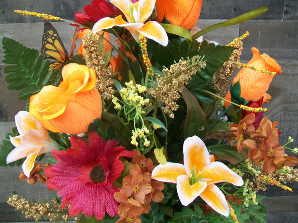 Orange Red Multicolor Cemetery Cone Floral Arrangment For Gravesite