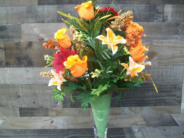 Orange Red Multicolor Cemetery Cone Floral Arrangment For Gravesite