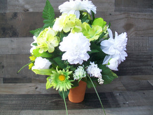 White & Green Cemetery Floral Arrangement in Clay Pot for Gravesite
