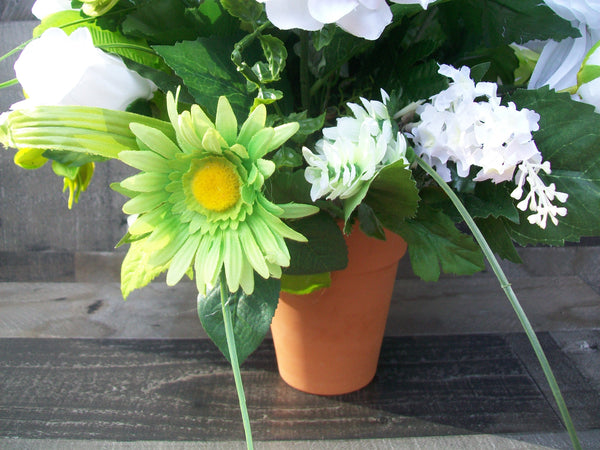 White & Green Cemetery Floral Arrangement in Clay Pot for Gravesite