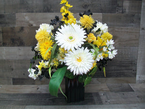 Yellow Black White All Occasion Floral Arrangement Centerpiece in Glass Vase