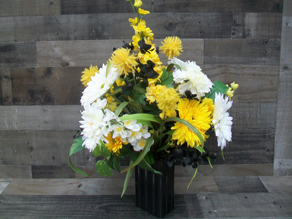 Yellow Black White All Occasion Floral Arrangement Centerpiece in Glass Vase