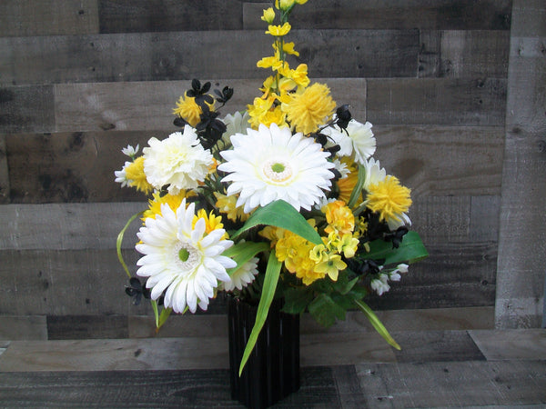 Yellow Black White All Occasion Floral Arrangement Centerpiece in Glass Vase