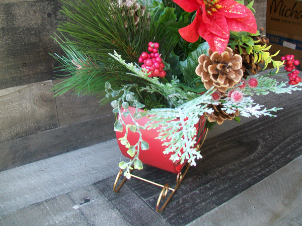 Christmas Red Plaid Sleigh Poinsettias Floral Arrangement Centerpiece