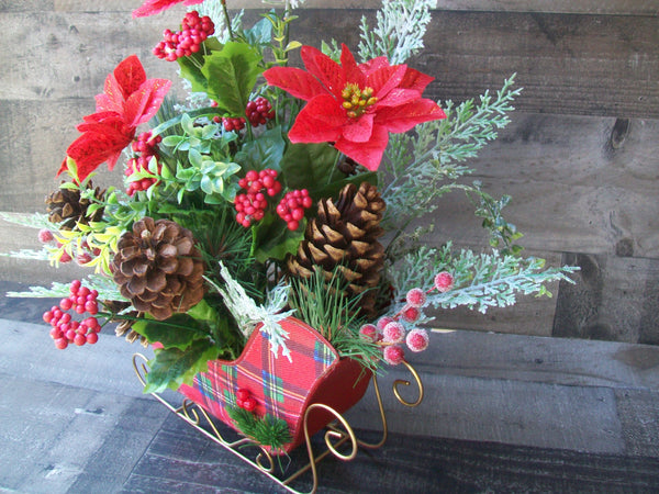 Christmas Red Plaid Sleigh Poinsettias Floral Arrangement Centerpiece