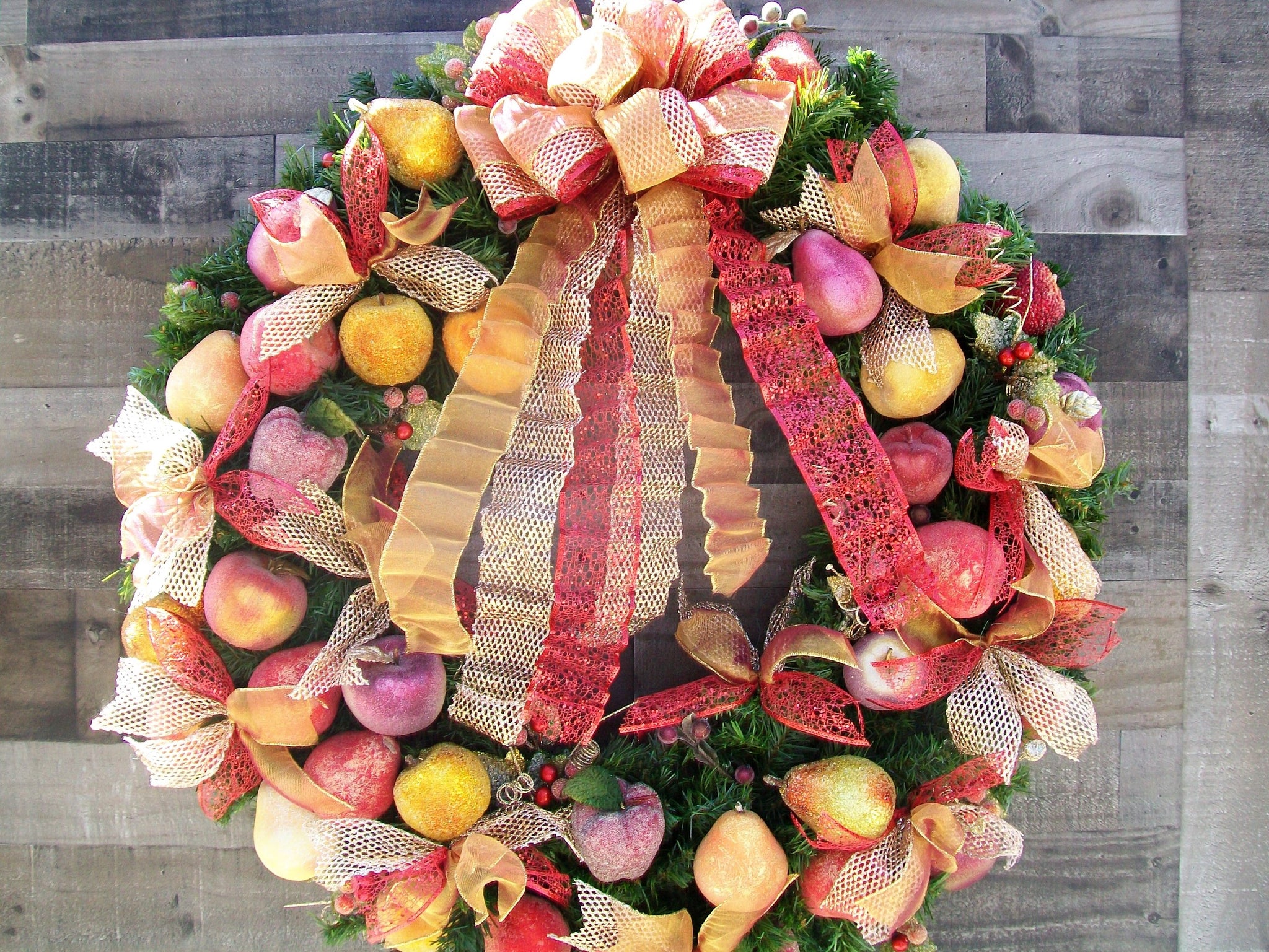Extra Large 34-Inch Pine Frosted Fruit Decorated Christmas Wreath