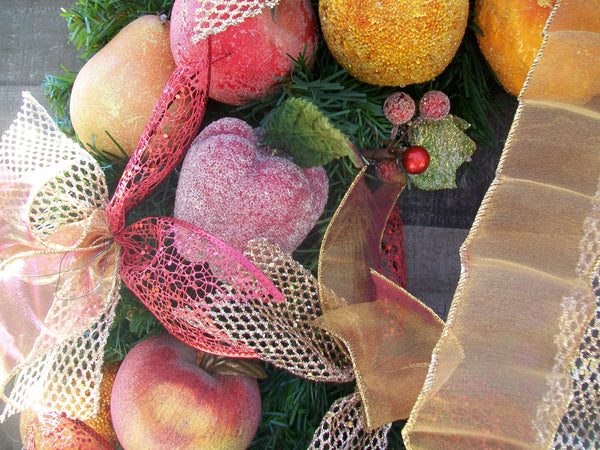Extra Large 34-Inch Pine Frosted Fruit Decorated Christmas Wreath