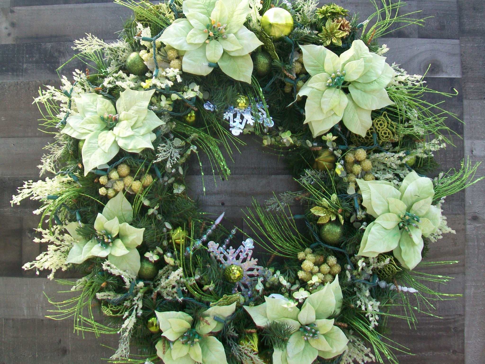 Large 32-Inch Lighted Olive Green Poinsettias Christmas Pine Decorated Wreath