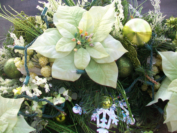 Large 32-Inch Lighted Olive Green Poinsettias Christmas Pine Decorated Wreath