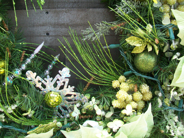 Large 32-Inch Lighted Olive Green Poinsettias Christmas Pine Decorated Wreath