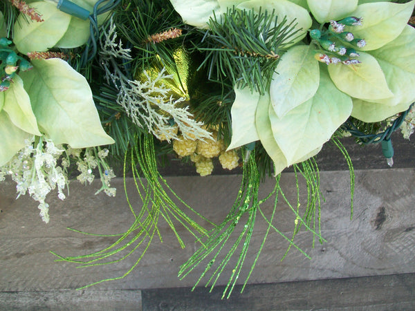 Large 32-Inch Lighted Olive Green Poinsettias Christmas Pine Decorated Wreath