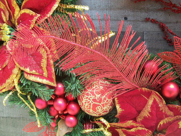 Extral Large 36-Inch Pine Decorated Red Gold Poinsettias Christmas Wreath