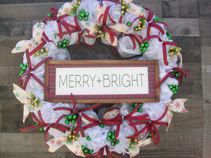 Merry Bright 28-Inch Green White Red Plaid Mesh Front Door Christmas Wreath