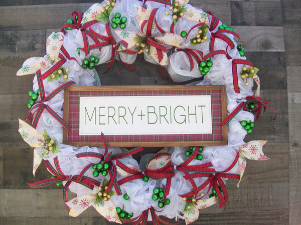 Merry Bright 28-Inch Green White Red Plaid Mesh Front Door Christmas Wreath
