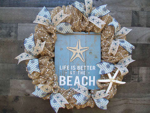 Nautical Beach Themed Navy Blue Tan Mesh Spring Summer Front Door Wreath