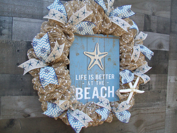 Nautical Beach Themed Navy Blue Tan Mesh Spring Summer Front Door Wreath