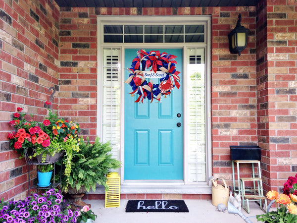 Red & Blue Nautical Beach Themed Mesh Spring Summer Front Door Wreath