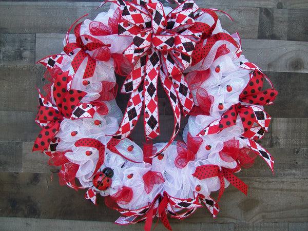 Spring Ladybug Red Black White Mesh Wreath with Large Bow