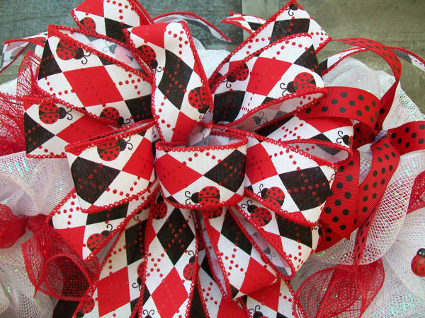 Spring Ladybug Red Black White Mesh Wreath with Large Bow