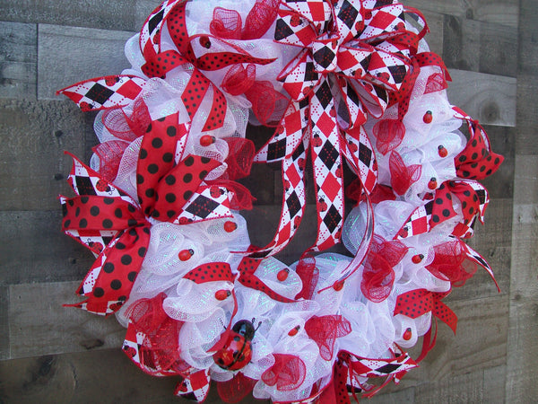 Spring Ladybug Red Black White Mesh Wreath with Large Bow