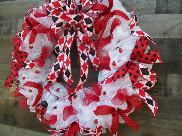 Spring Ladybug Red Black White Mesh Wreath with Large Bow