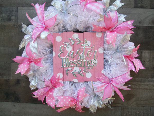 Pink White Silver Easter Spring Deco Mesh Front Door Wreath