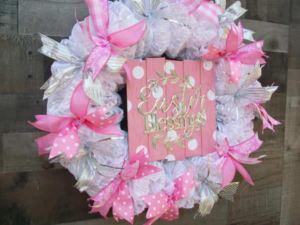 Pink White Silver Easter Spring Deco Mesh Front Door Wreath
