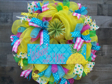 Bright Yellow Multicolored Spring Summer Whimsical Pineapple Mesh Wreath