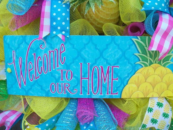 Bright Yellow Multicolored Spring Summer Whimsical Pineapple Mesh Wreath