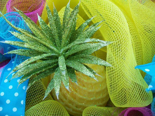 Bright Yellow Multicolored Spring Summer Whimsical Pineapple Mesh Wreath