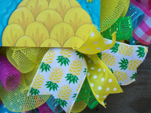 Bright Yellow Multicolored Spring Summer Whimsical Pineapple Mesh Wreath