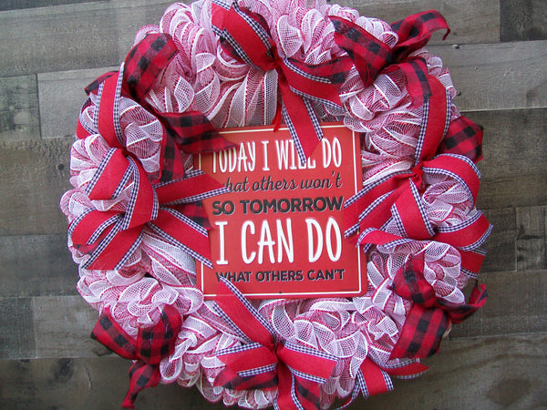All Occasion Red White Black Deco Mesh Metal Sign Front Door Wreath