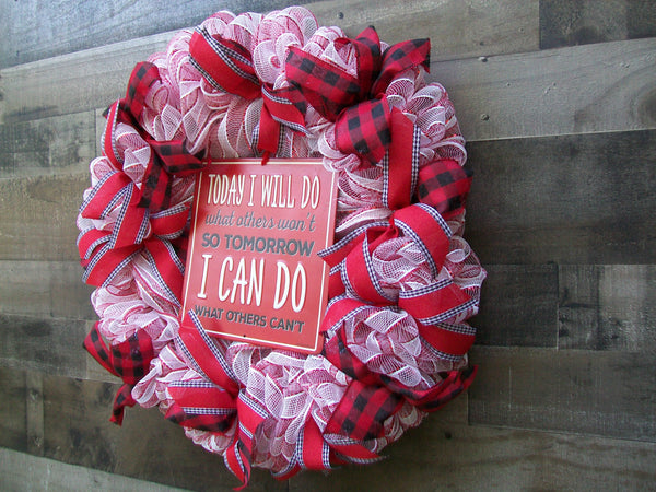 All Occasion Red White Black Deco Mesh Metal Sign Front Door Wreath