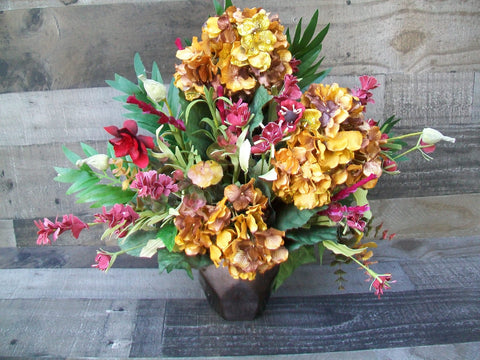 Gold Burgundy Hydrangea Silk Floral Arrangement Centerpiece in Brown Glass Vase
