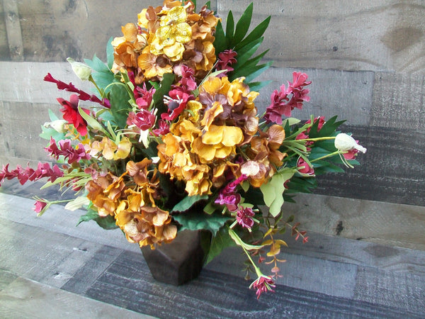 Gold Burgundy Hydrangea Silk Floral Arrangement Centerpiece in Brown Glass Vase