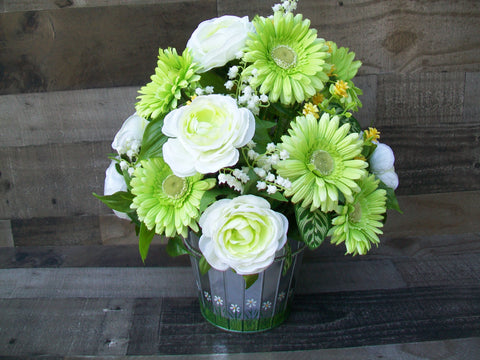 Spring Country Lime Green White Floral Arrangement Centerpiece in Silver Tin Vase